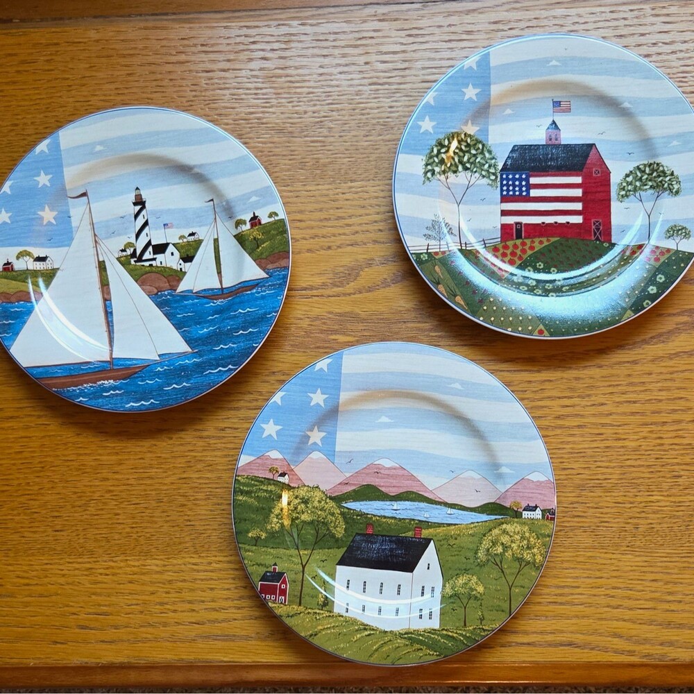 Vintage Sakura America the Beautiful Porcelain Salad Plates 8.25in Set of 3 1999